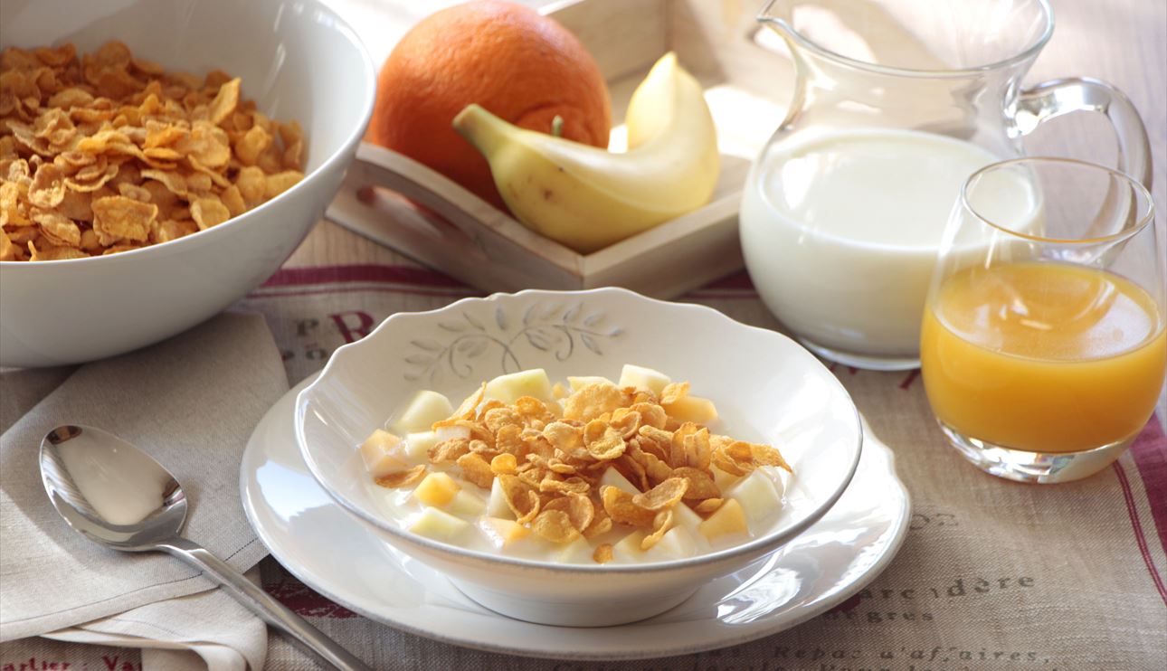 Frutas y cereales en desayuno